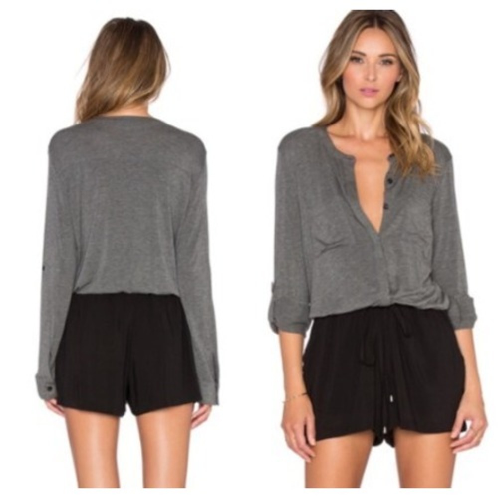 Splendid Womens Long Sleeve Henley Romper Charcoal Grey Black Two Tone Small